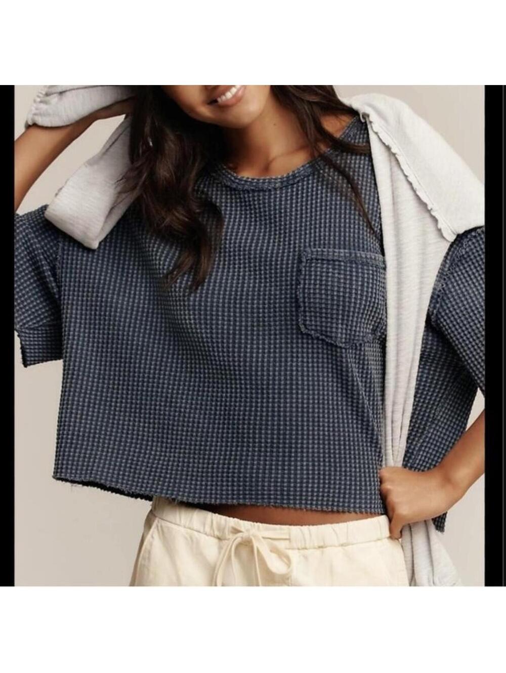 Pilcro Charcoal Grey Cropped Waffle Pocket Tshirt oversized XS